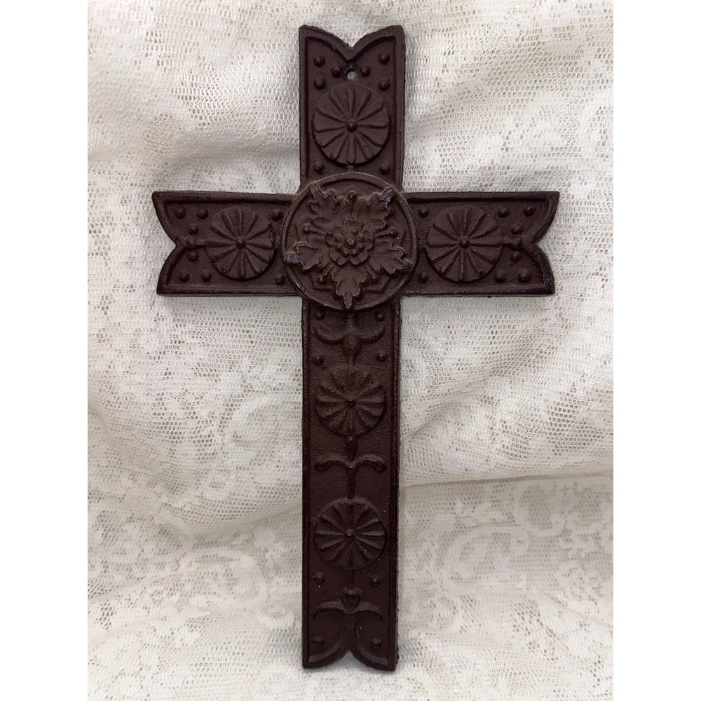 Vintage Cast Iron Floral Wall Cross Brown Rustic Religious Home Decor 11 Inch